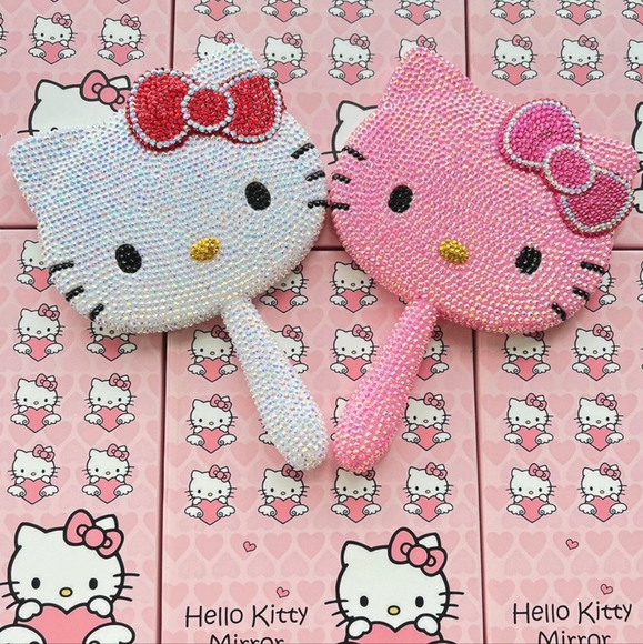 Hello Kitty Rhinestone Hand Mirror Classic With Red Bow Bewjeled Beauty Mirror - Picture 8 of 9